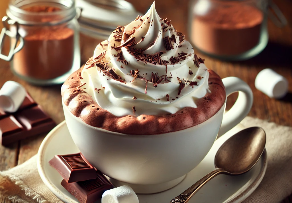 A decadent serving of hot chocolate to eat with a spoon, thick and creamy, served in a small elegant white bowl. Topped with a swirl of whipped cream,