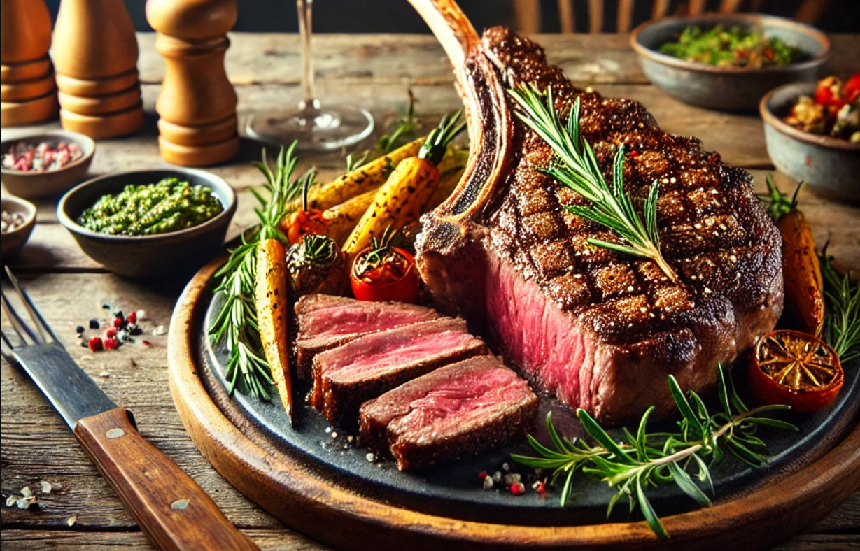 A beautifully plated tomahawk steak on a rustic wooden table. The steak is perfectly seared with a golden brown crust, sliced to reveal a juicy medium