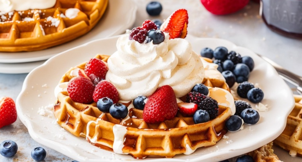 A stack of golden-brown yogurt waffles served on a rustic ceramic plate, topped with fresh berries, a dollop of whipped cream, and a drizzle of maple