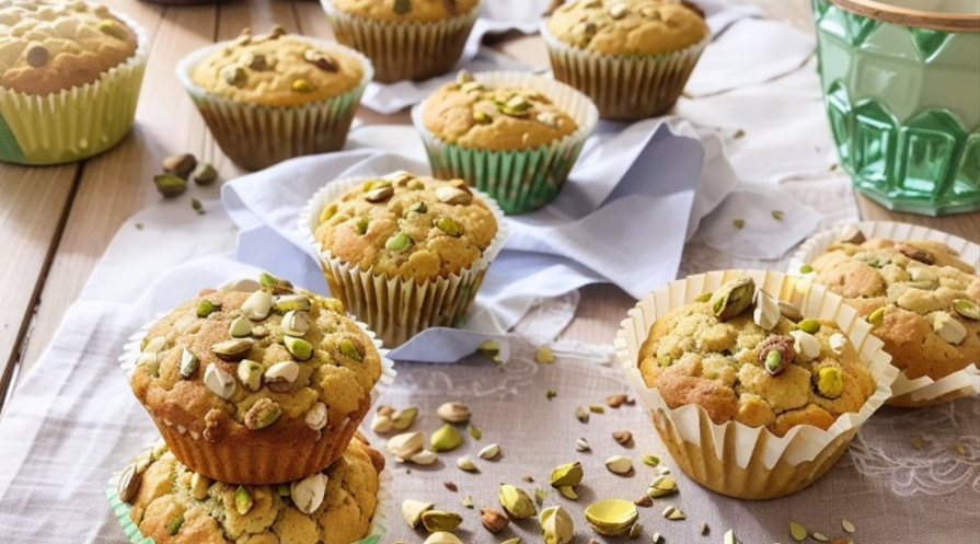 A freshly baked pistachio muffin recipe presentation. The muffins are golden-brown with a vibrant green tint, topped with crushed pistachios and a lig