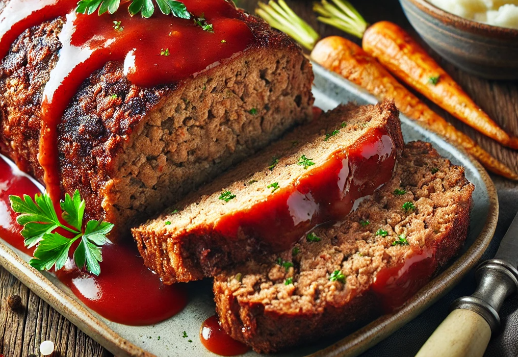 A perfectly baked meatloaf served on a rustic wooden table. The loaf is sliced to reveal its moist interior, with a glossy ketchup glaze on top. It is