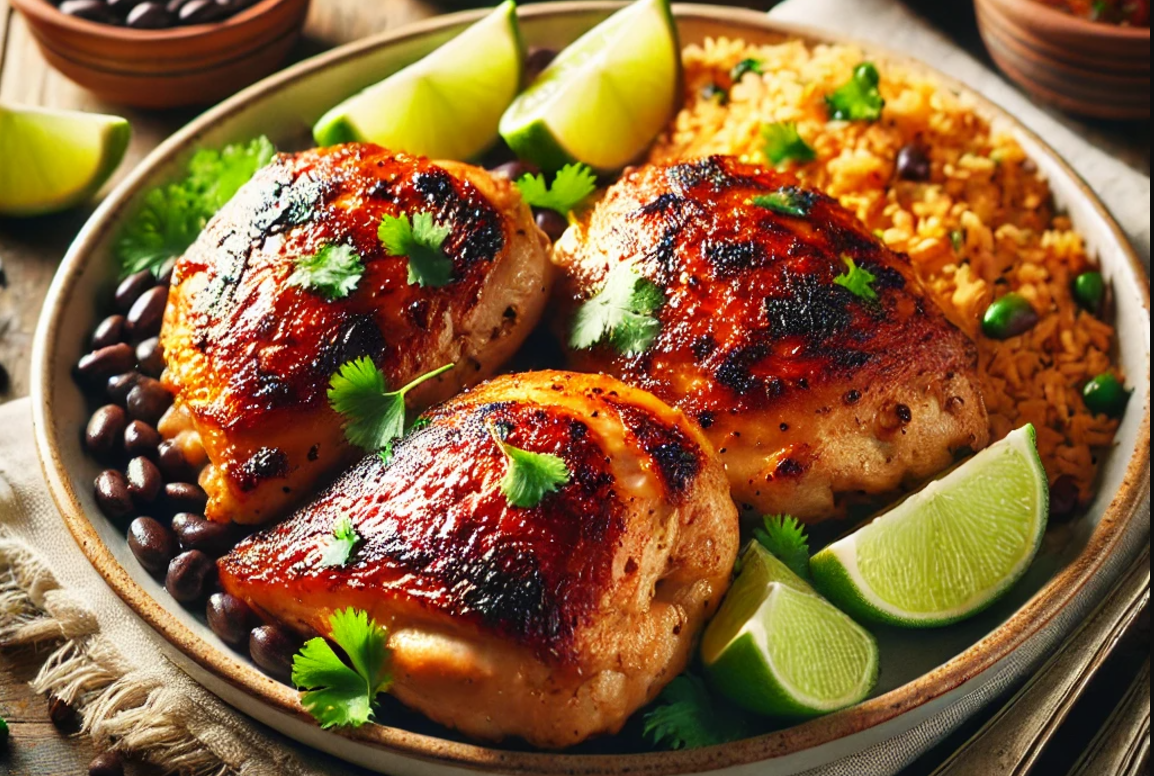 A mouthwatering plate of Mexican chicken thighs served on a rustic wooden table. The chicken thighs are perfectly grilled with a golden, slightly char