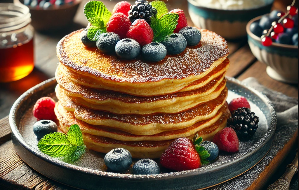 A beautifully arranged plate of golden fried pancakes served on a rustic wooden table. The pancakes are crispy on the edges and fluffy inside, stacked