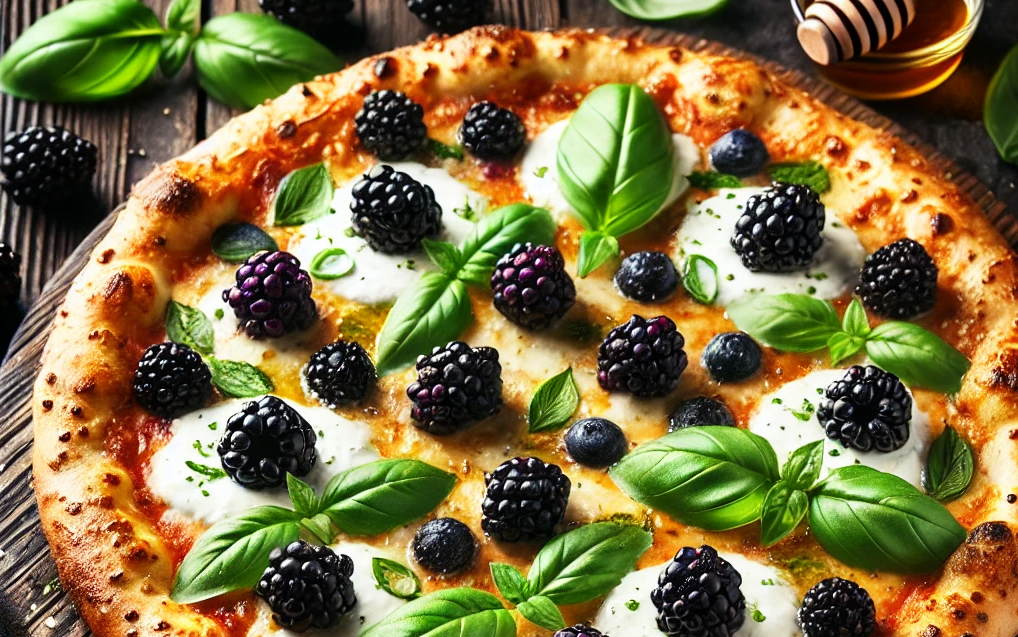 A gourmet blackberry basil and ricotta pizza, freshly baked, with vibrant blackberries, creamy dollops of ricotta cheese, and bright green fresh basil