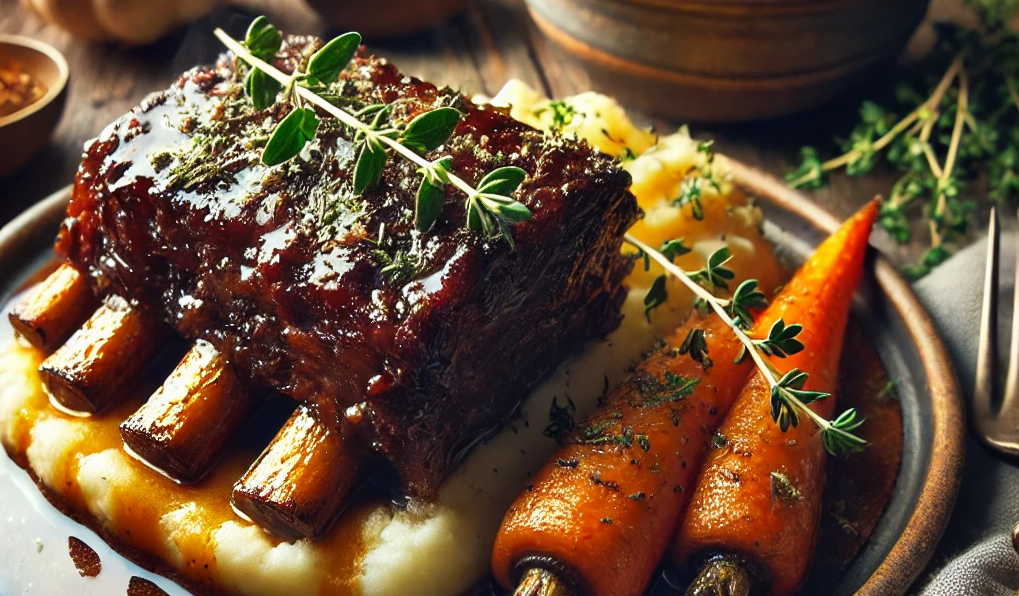 -A visually rich image of braised short ribs served on a rustic plate. The ribs are tender and glistening, topped with a glossy sauce and garnished wit