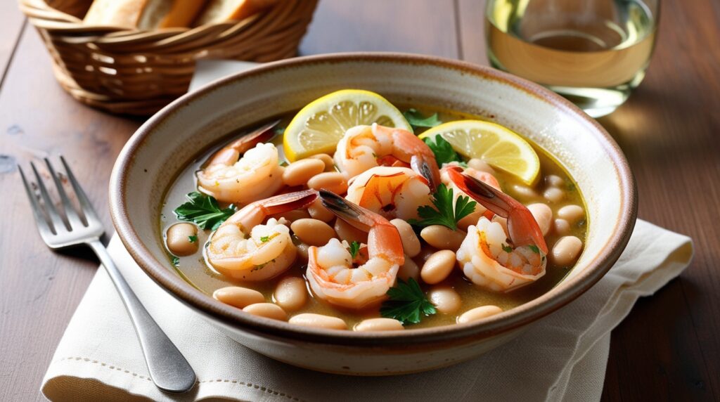 A vibrant dish of lemony shrimp and bean stew served in a rustic white bowl. The stew features plump, pink shrimp nestled among creamy white beans in