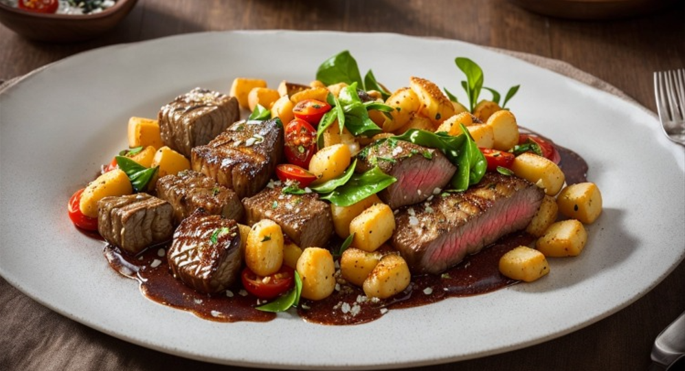 A gourmet dish featuring perfectly seared steak slices and golden, crispy gnocchi on a rustic plate. The steak is garnished with fresh rosemary and se.webp