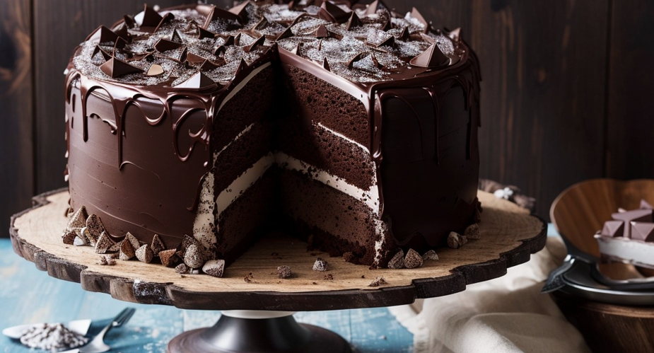 A decadent Matilda chocolate cake on a rustic wooden table. The cake has two moist, rich chocolate layers covered in glossy, dark fudge frosting. The