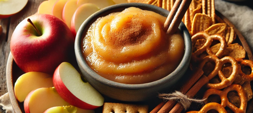 A visually appealing image of a food platter featuring a bowl of applesauce as a dip. The applesauce is garnished with cinnamon and surrounded by an a