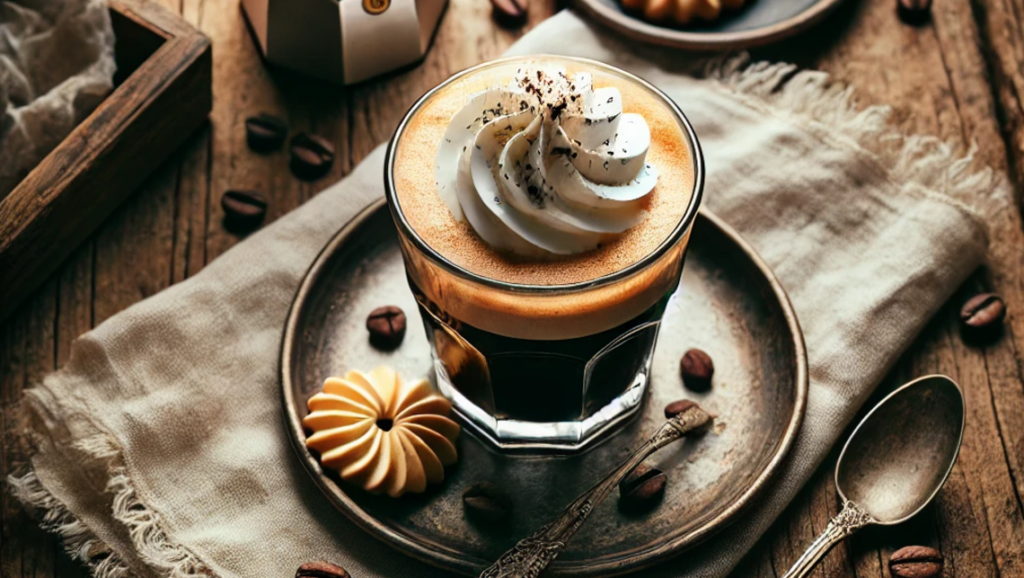 A top-down view of an Einspanner coffee in a transparent glass cup, filled with dark espresso and topped with a thick, smooth layer of whipped cream.