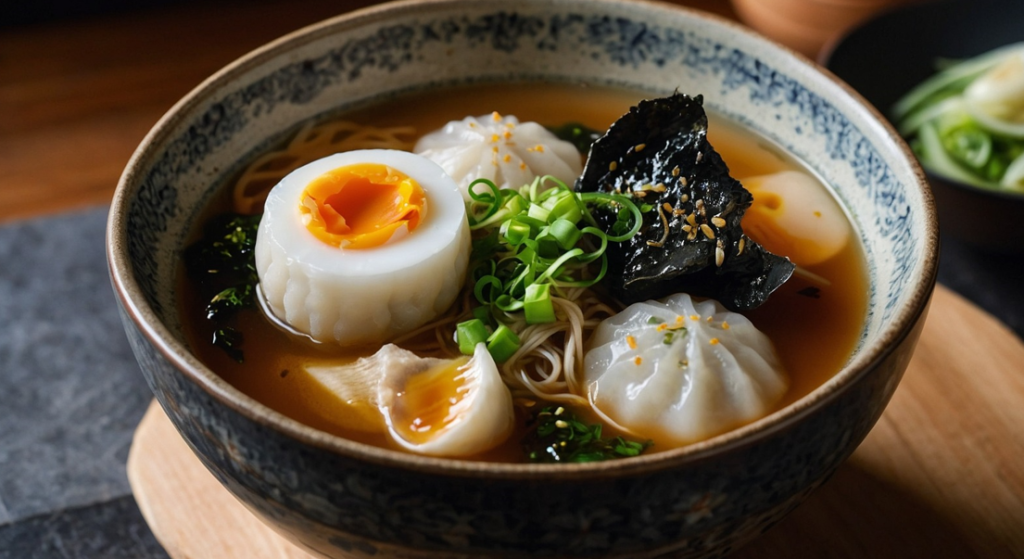 A beautifully styled bowl of Onomichi Dango Masayoshi Ramen, showcasing chewy white dango dumplings floating in rich, umami-filled ramen broth. The bo