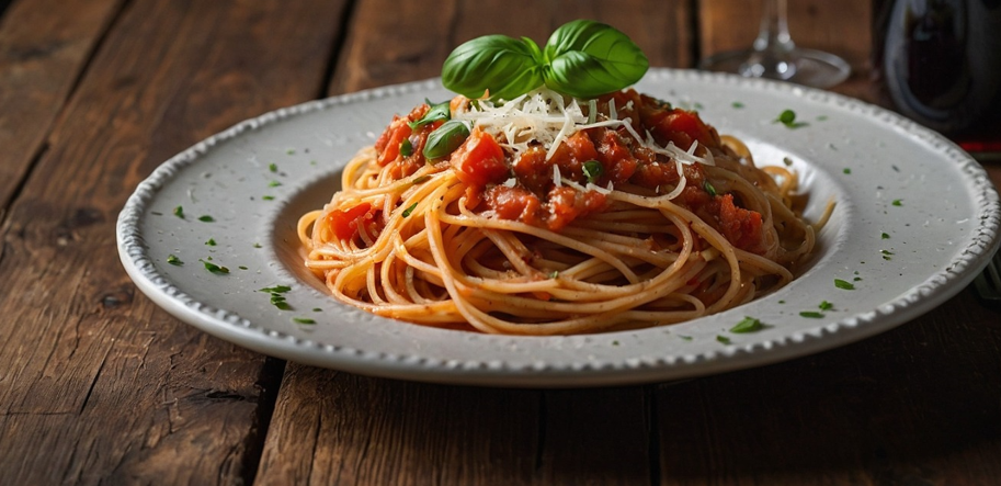 A beautifully plated serving of Spaghetti a Cetto, featuring perfectly cooked al dente spaghetti tossed in a vibrant tomato sauce made from ripe tomat