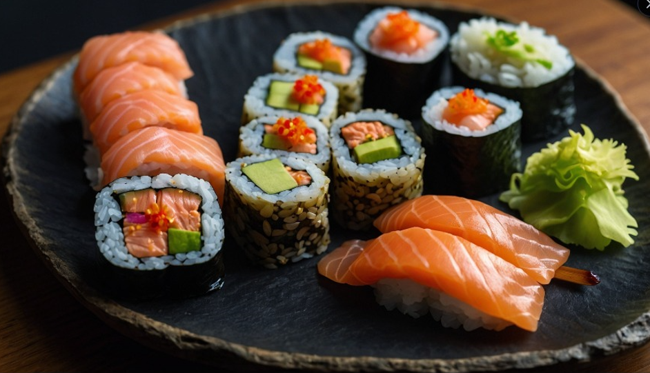 A top-down view of a beautifully arranged sushi plate featuring sushi rolls topped with fresh slices of salmon. The rolls are accompanied by a side of