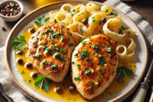 A beautifully plated Maggiano’s Chicken Piccata, featuring golden-brown chicken breasts drizzled with a glossy lemon butter sauce. The dish is garnish