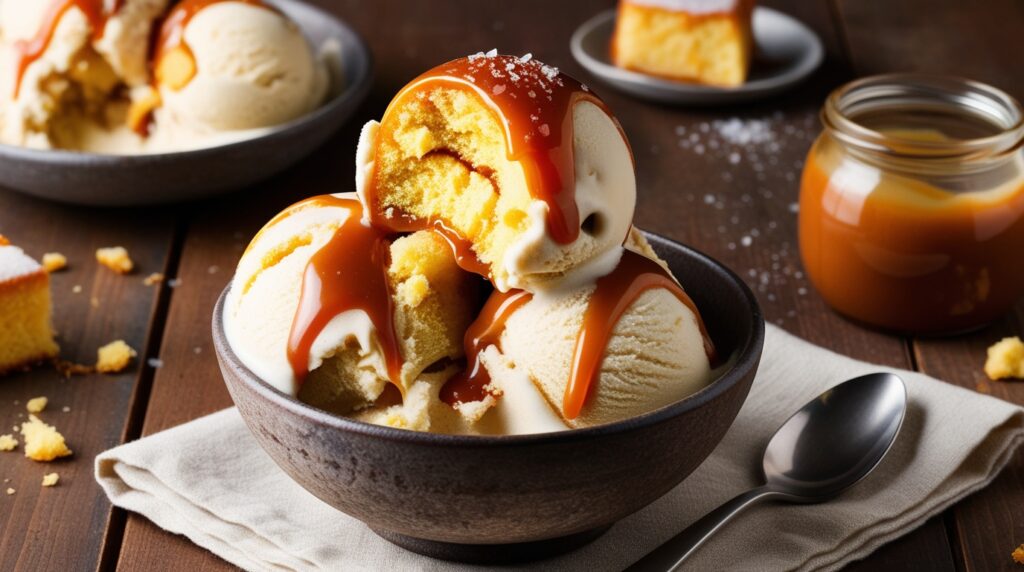 A creamy homemade gooey butter cake ice cream displayed in a rustic bowl on a wooden table. The ice cream has visible chunks of buttery cake and golde