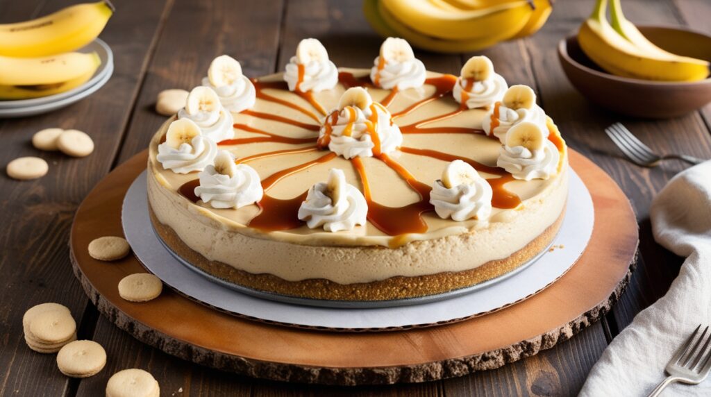 A no bake banana pudding cheesecake on a rustic wooden table. The cheesecake has a golden graham cracker crust, a creamy banana pudding cheesecake lay