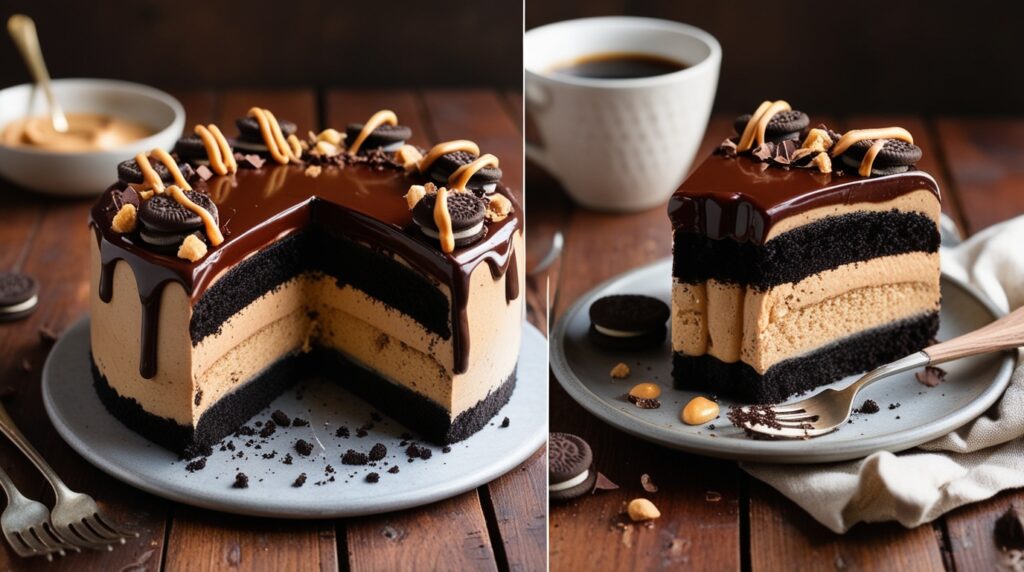 A decadent chocolate peanut butter mousse cake with a crunchy Oreo crust. The cake is layered with a smooth and creamy peanut butter mousse, topped wi