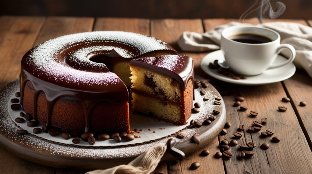 A beautifully presented chocolate coffee cake on a rustic wooden table. The cake is rich and moist with a glossy chocolate ganache topping. Light dust