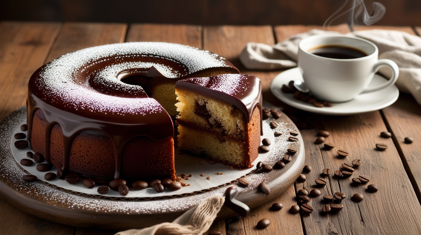 A beautifully presented chocolate coffee cake on a rustic wooden table. The cake is rich and moist with a glossy chocolate ganache topping. Light dust