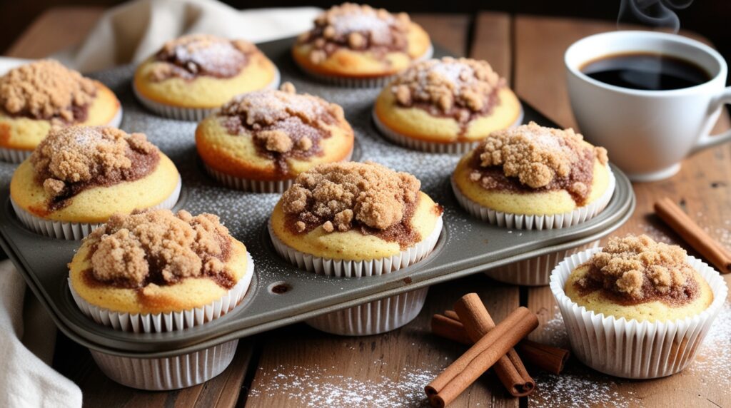 A freshly baked batch of coffee cake muffins displayed on a rustic wooden table. The muffins have a golden brown top with a generous crumbly streusel